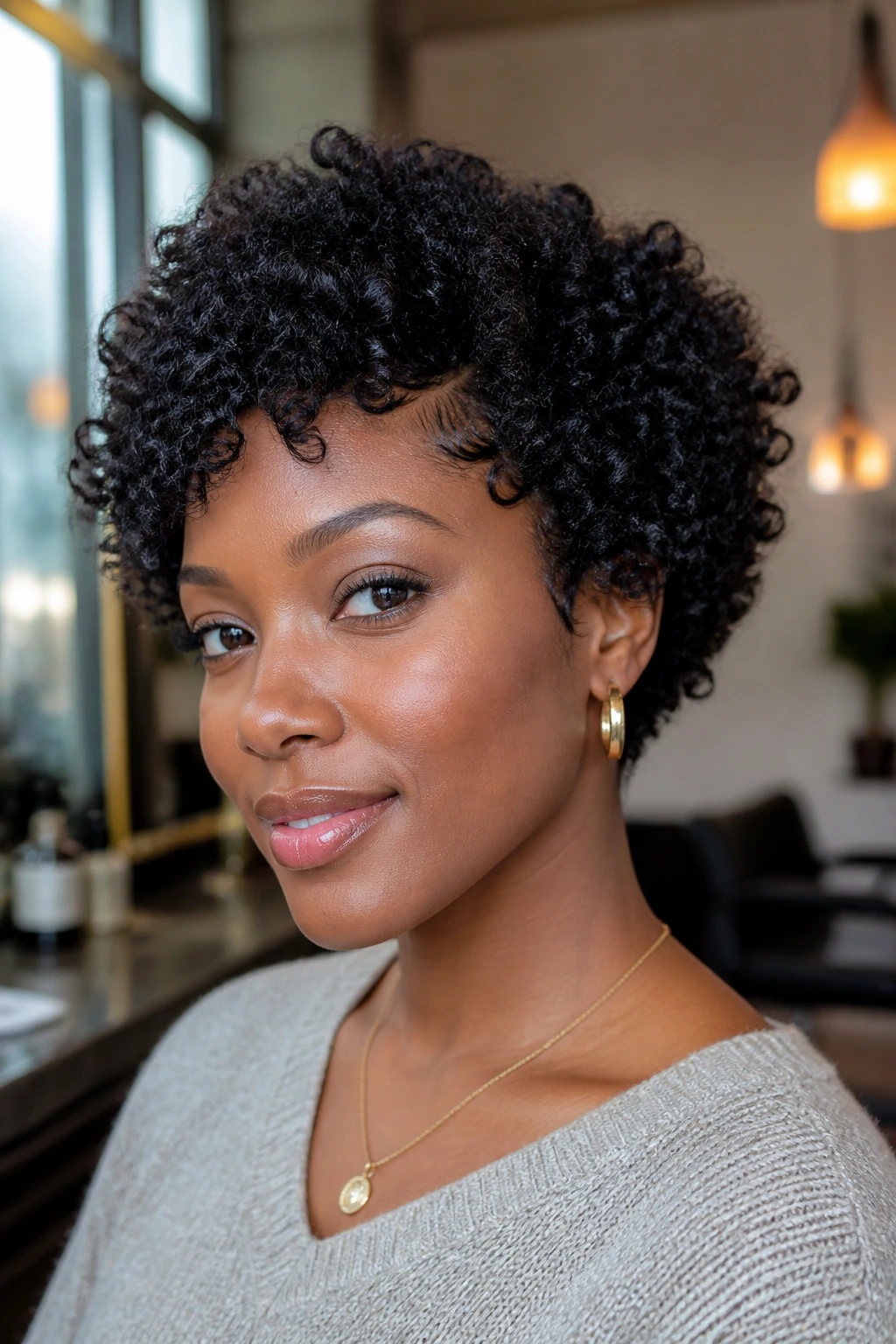 Close-up of a Black woman with a balanced layered curl cut showing shrinkage-aware silhouette