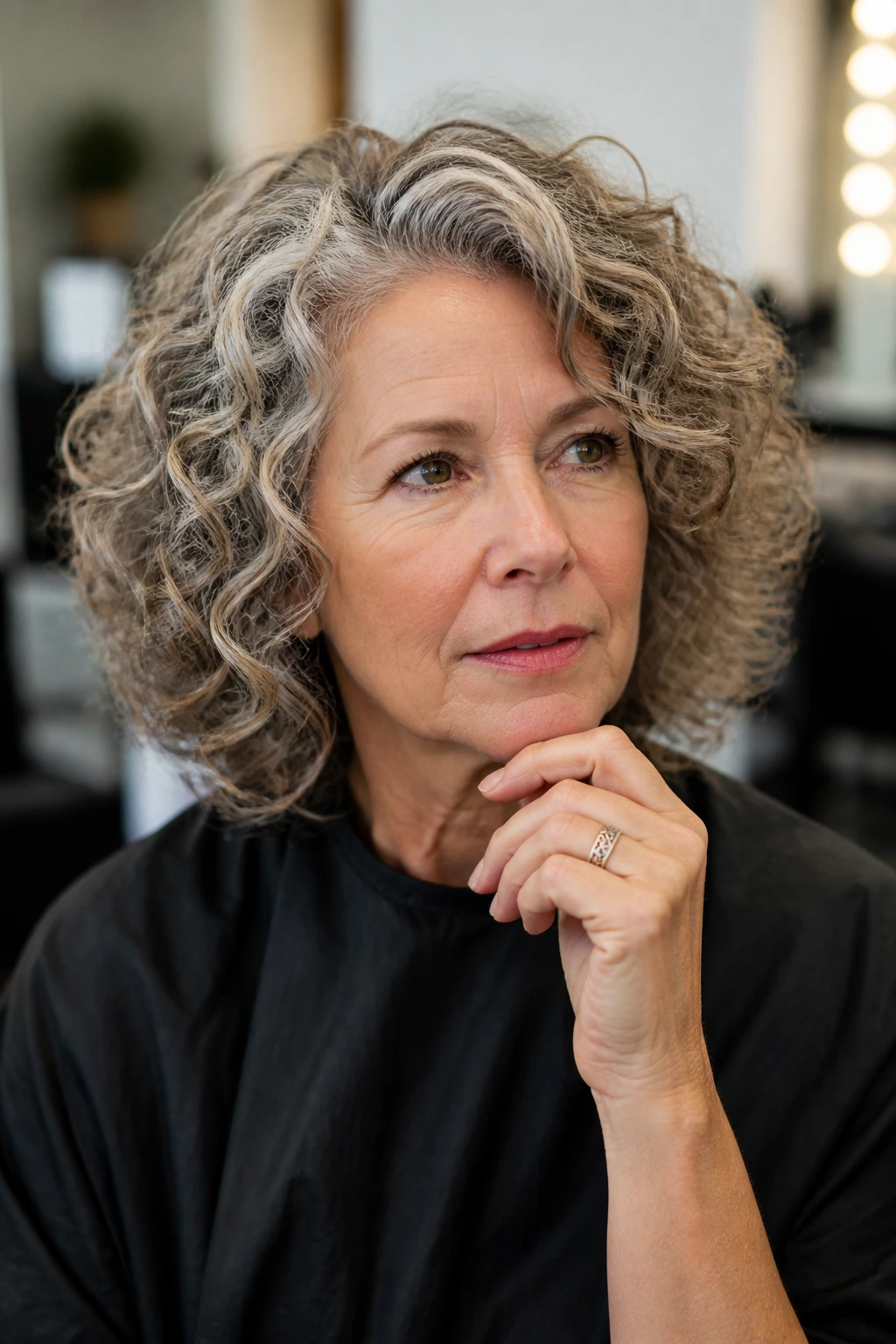 Portrait of a real woman contemplating haircut questions before first snip