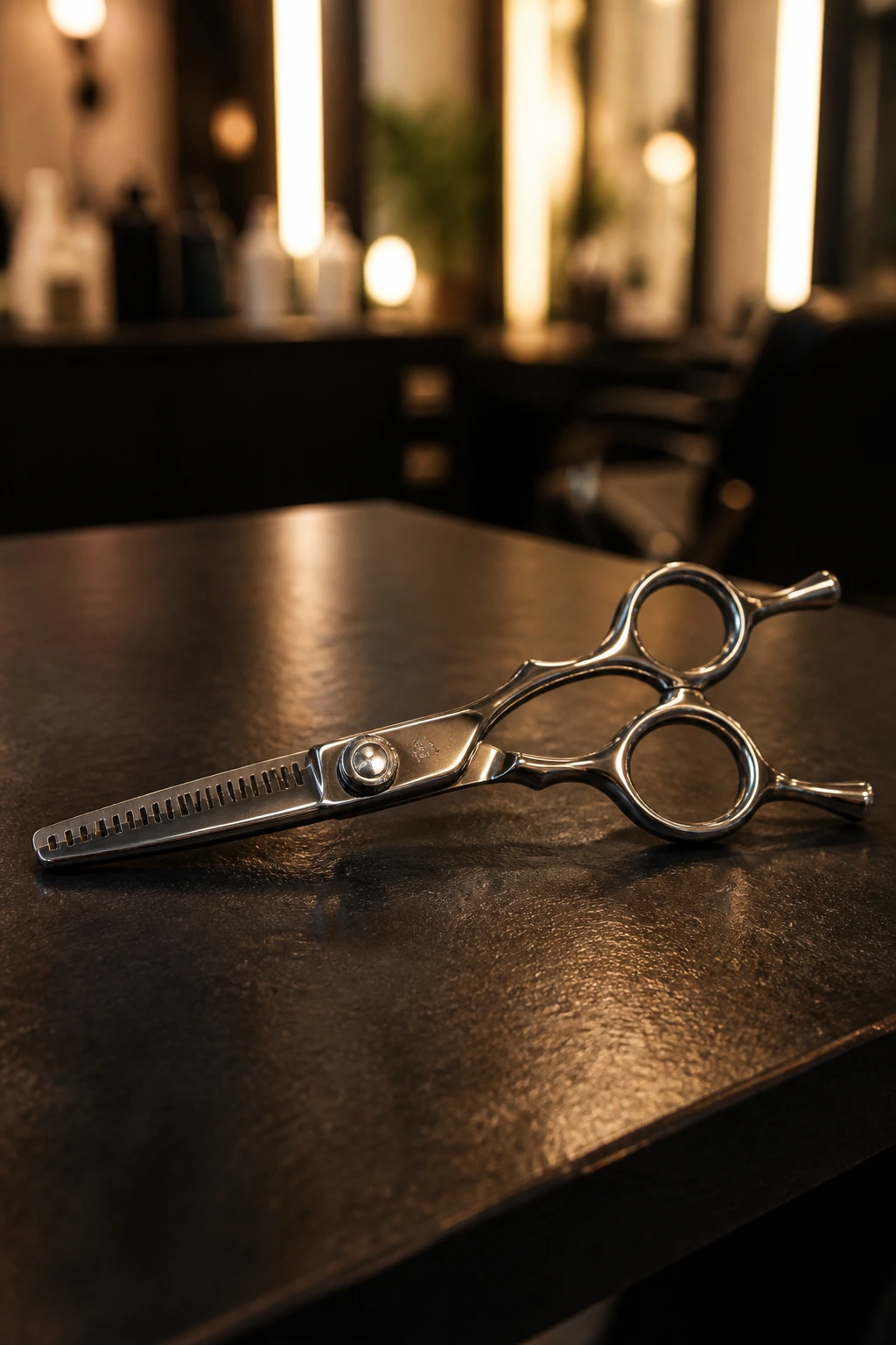 Professional curl-cutting shear on a dark surface with blurred salon background