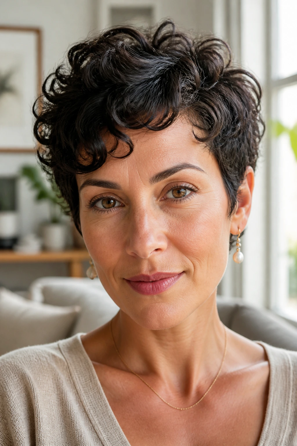 Portrait of a woman with curl-defined pixie showing natural curls around ears