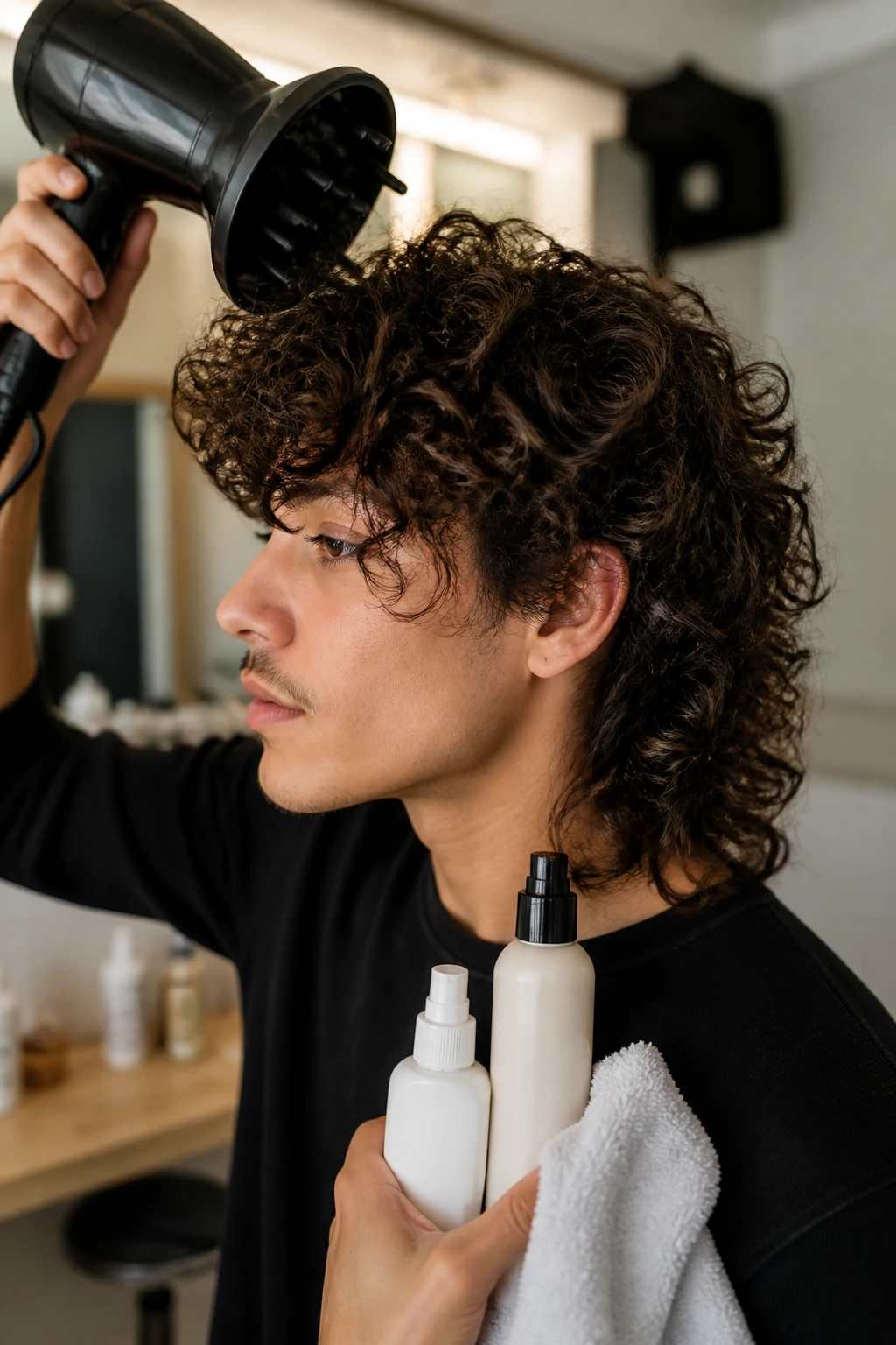 Close-up of real person with curly mullet using a diffuser to maintain bounce.