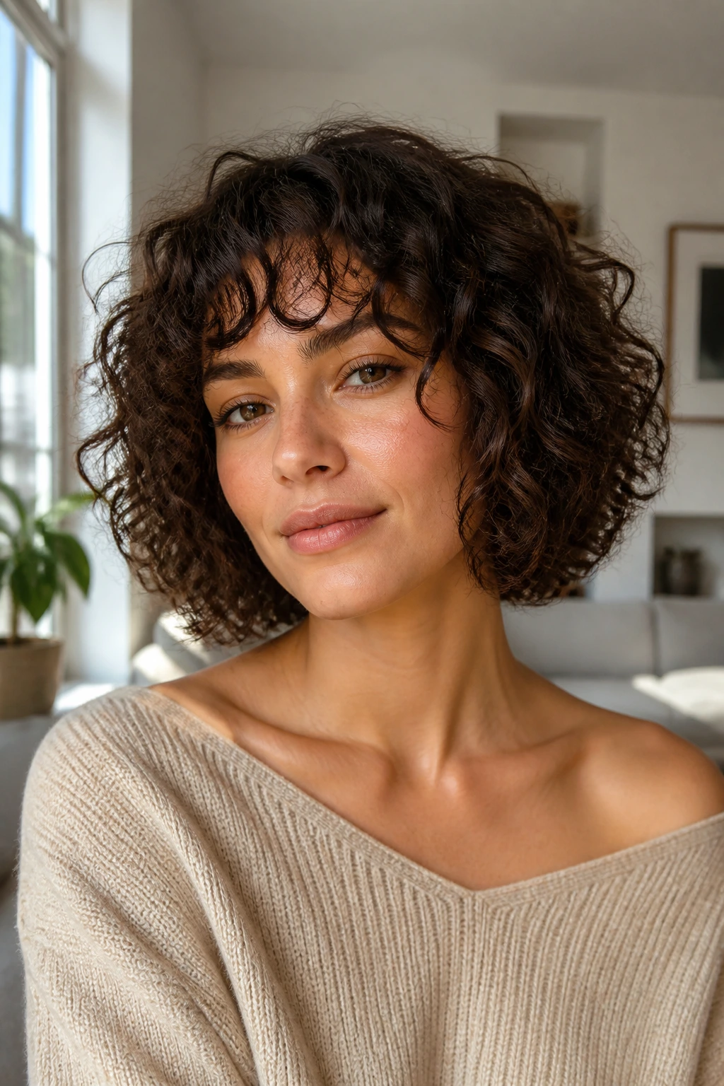 Portrait of person with jaw-length curly bob that looks natural
