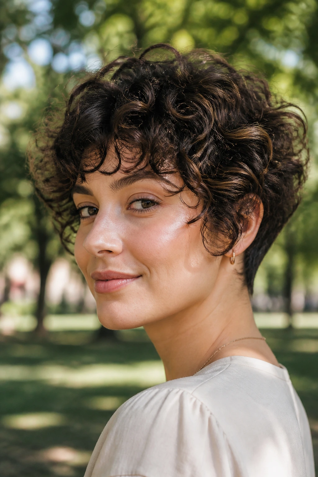 Portrait of a real woman with curl-enhanced pixie bob in a park