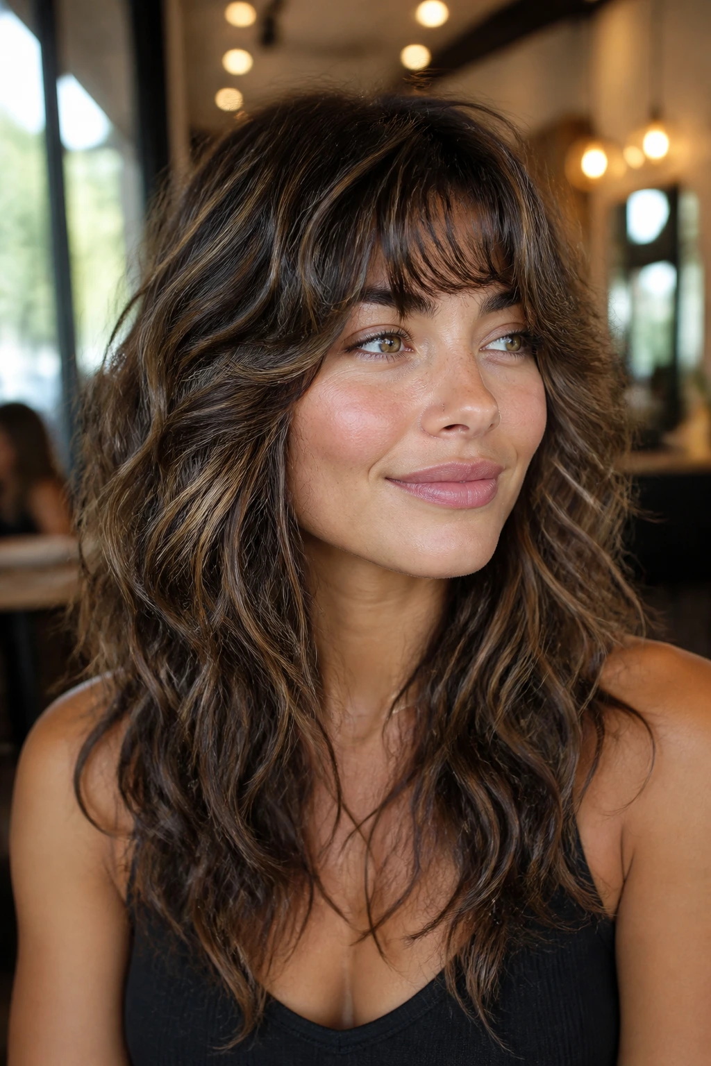 Close-up portrait of a real woman with curl-enhanced wavy shag and curved fringe in soft window light