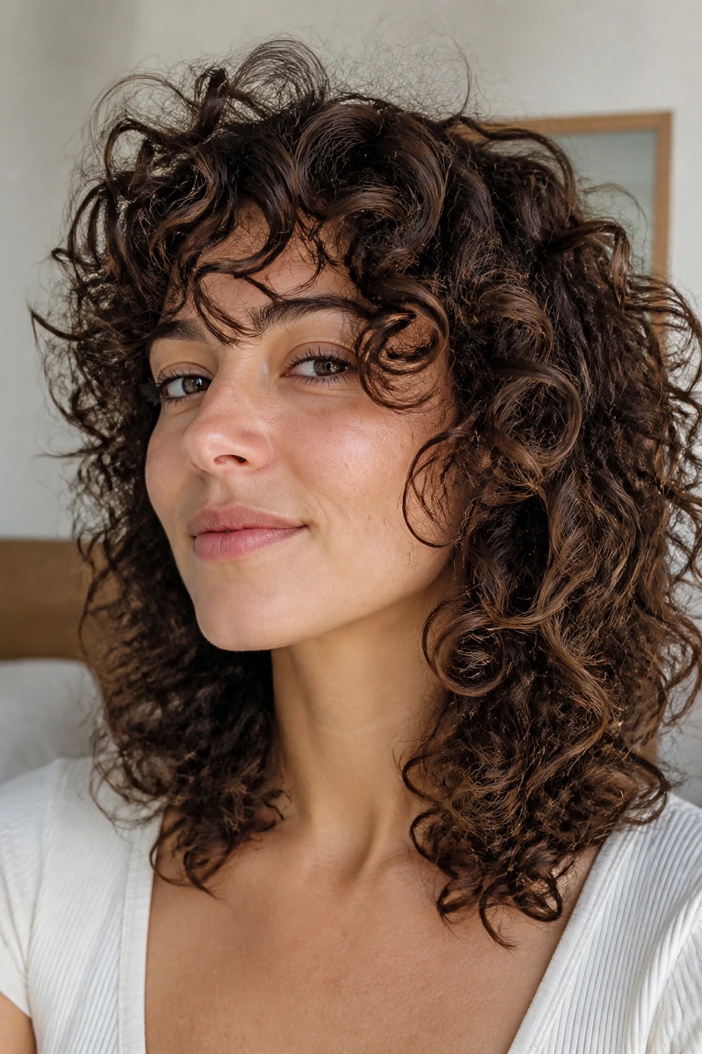Close-up of a real person with curl-enhancing shag showing defined curls