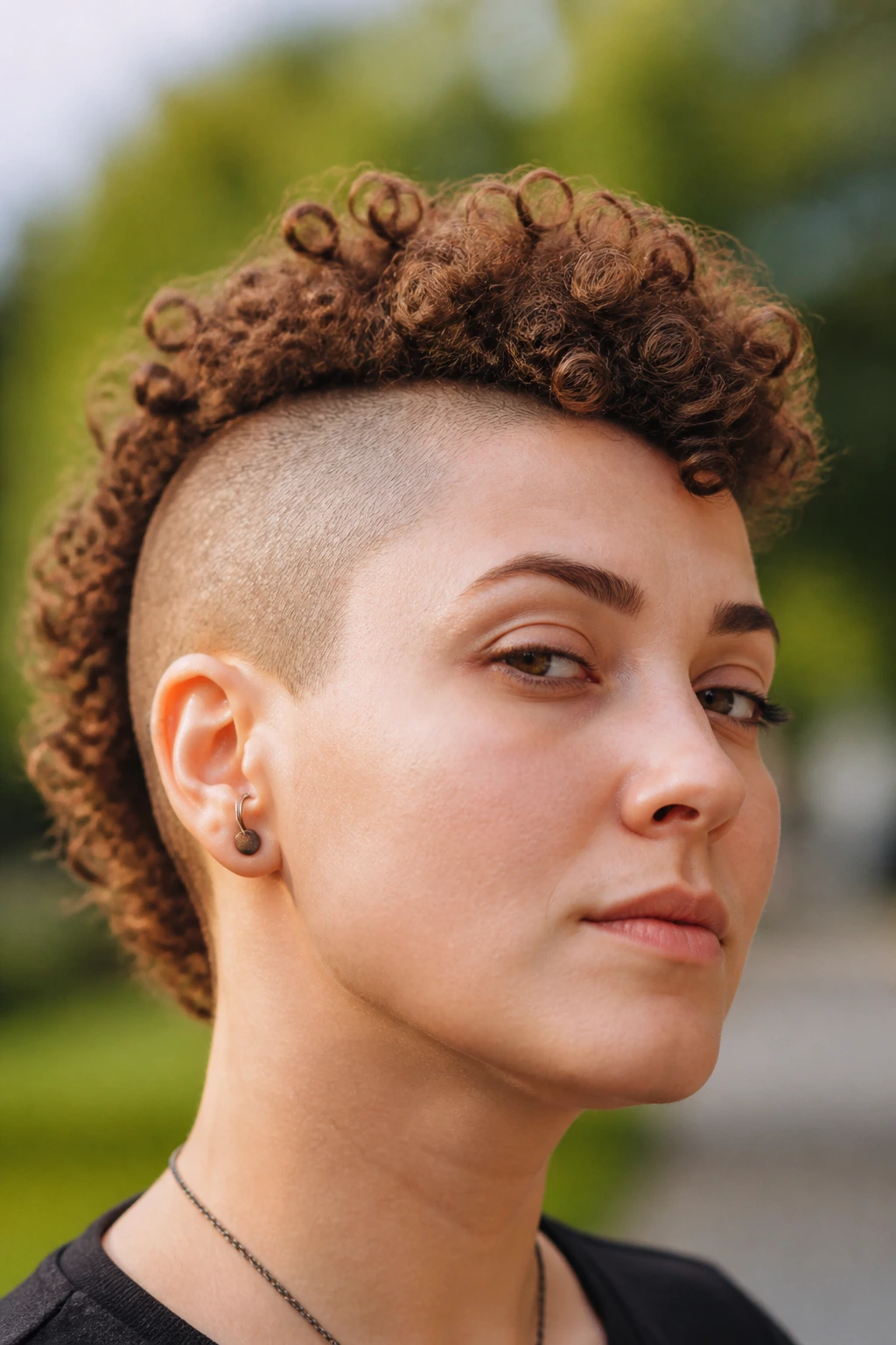 Close-up of a person with a curl-first mohawk in an outdoor setting demonstrating variation.