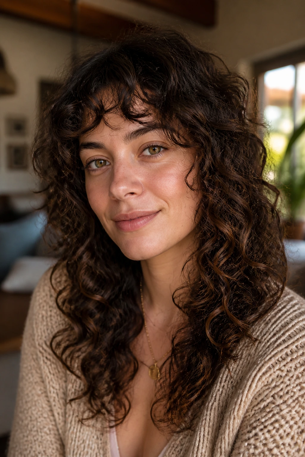 Close-up of a real woman with curly hair styled in a curl-first shag