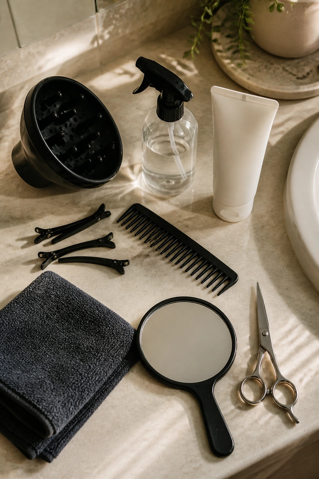 Top-down still-life of essential curly fringe tools on bathroom counter