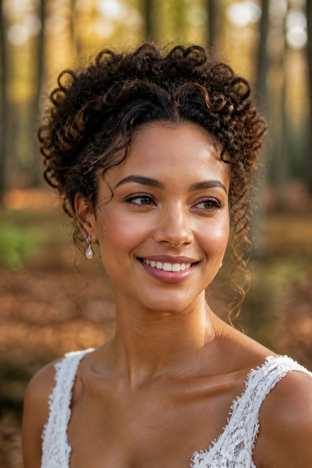 Bride with natural curl halo and tucked sides in a woodland setting