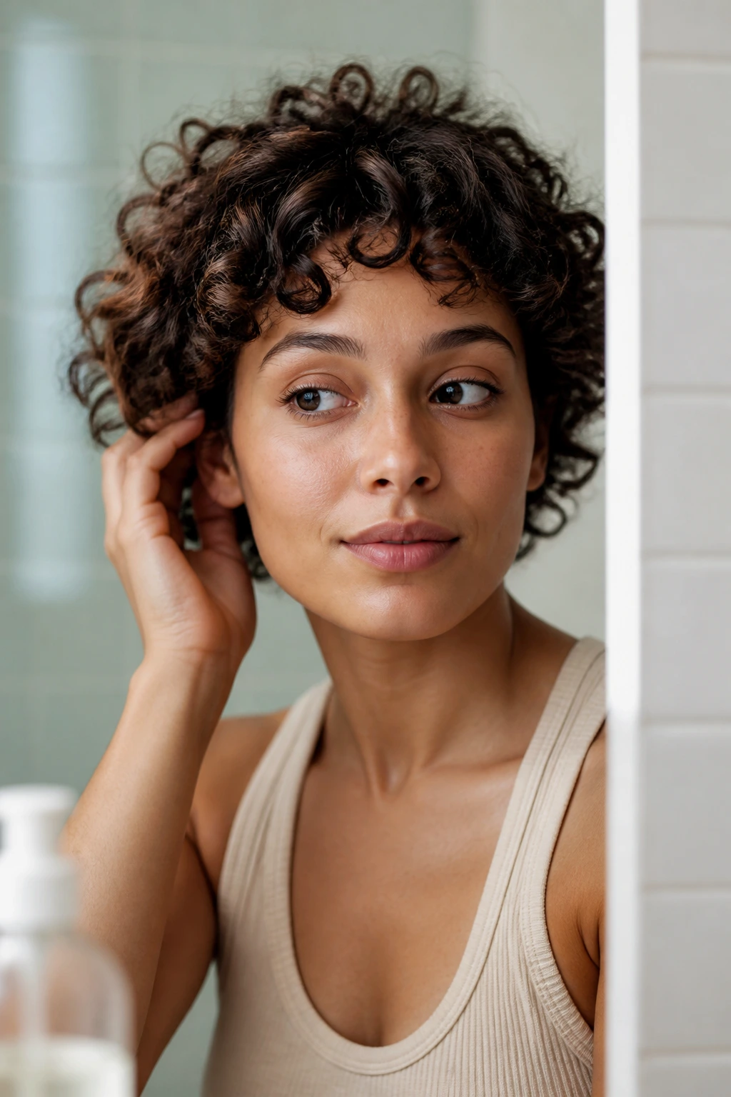 Real person with short curls in a bathroom setting maintaining shape