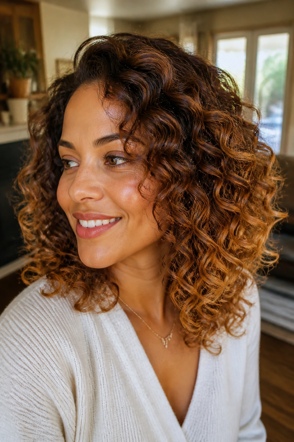 Close-up of shoulder-length curls with cinnamon-to-toffee gradient