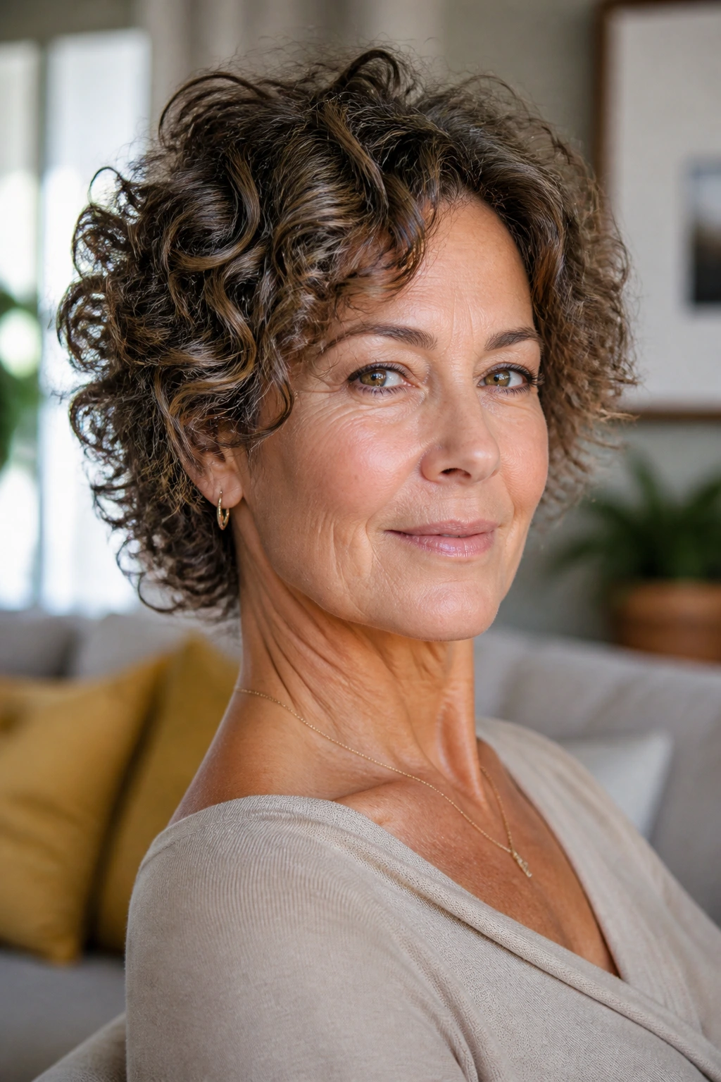 Real woman with curl-friendly mini shag in a bright living room