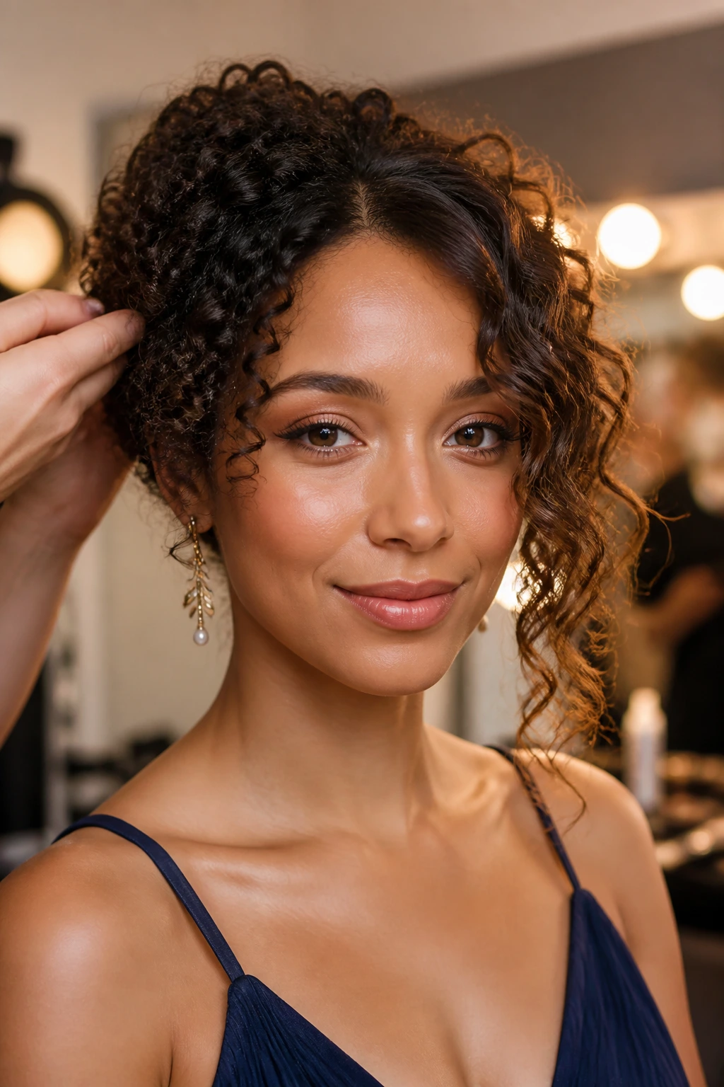 Real person with contrasting curl textures on each side of the head to show adaptation for different curl patterns