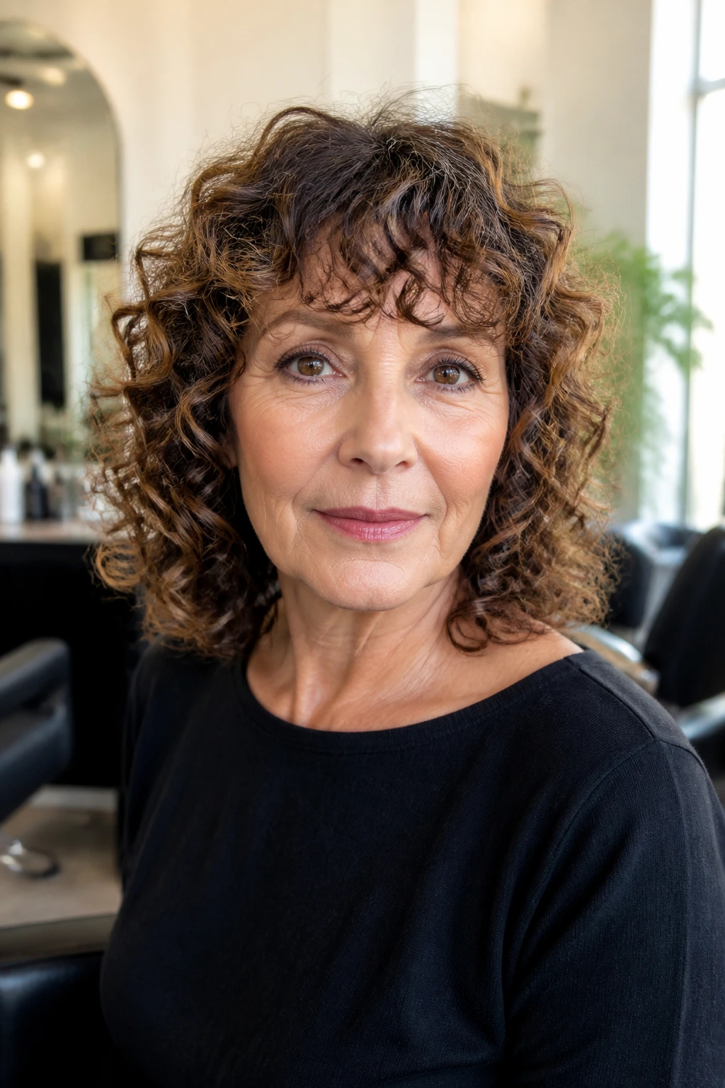 Close-up portrait of a real woman in a salon chair showcasing curled fringe and round silhouette