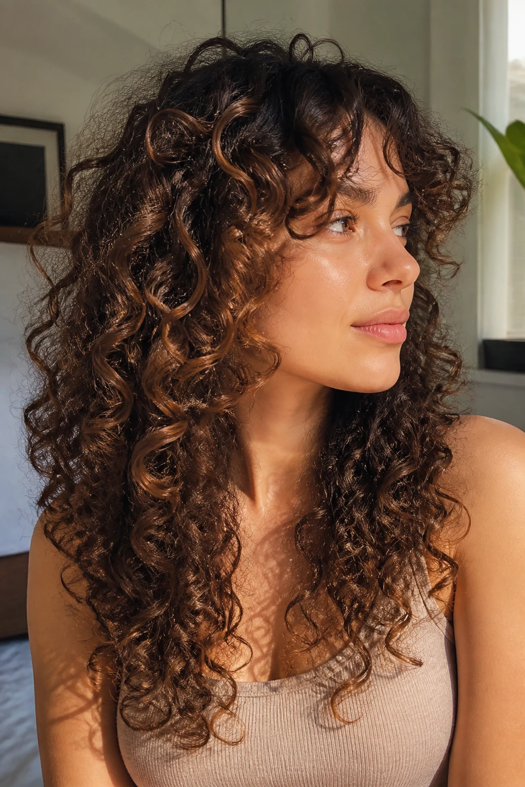 Close-up showing layered curl map and density on a real woman's head.