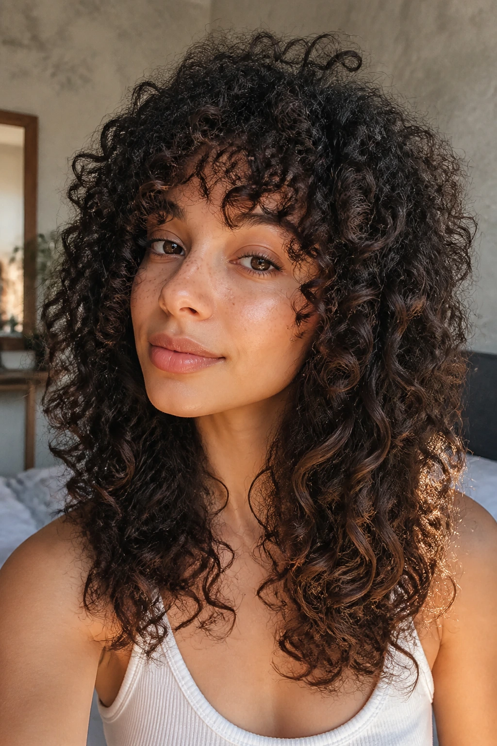 Close-up portrait of a real woman with thick curls showing two curl patterns for density and shrinkage