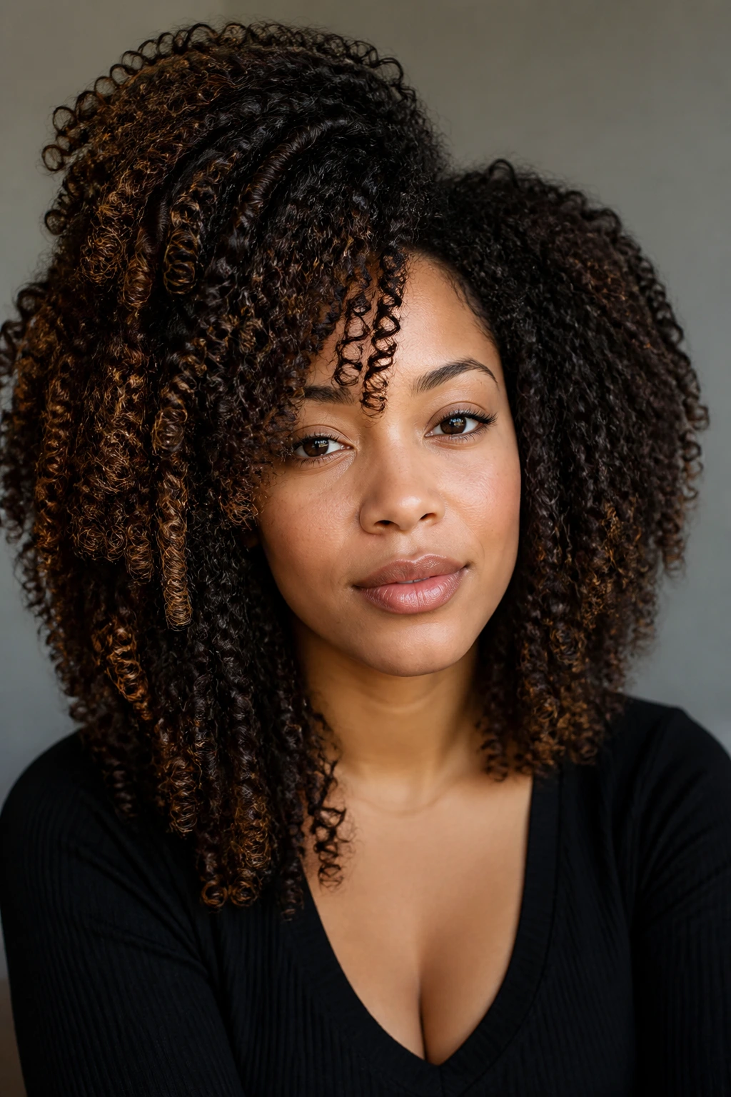 Close-up of a real woman showing varied curl pattern and density to illustrate styling decisions.