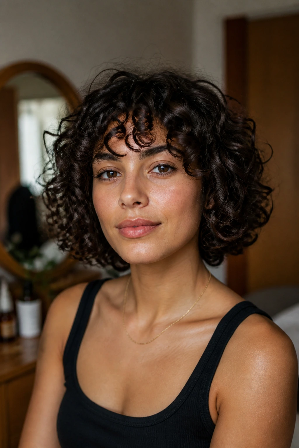 Close-up portrait of a real woman with chin-length curly hair showing curl pattern and density