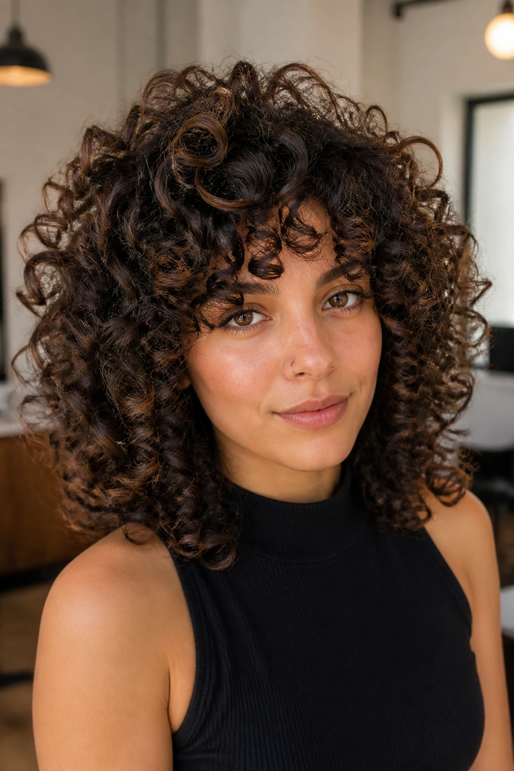 Real person with dense, choppy curls showing shrinkage and layered cut.