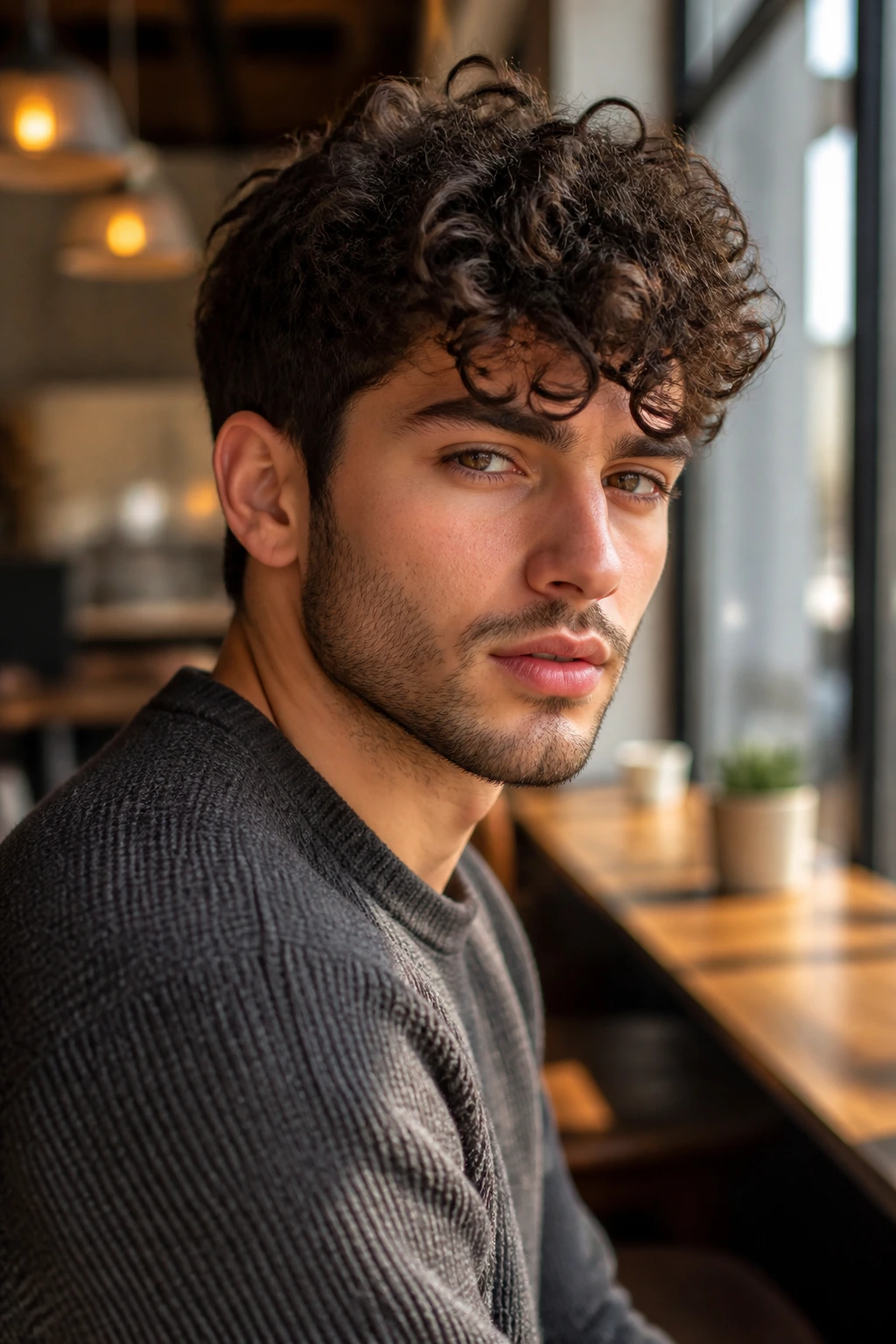 Medium close-up portrait of a man with a curly hairstyle demonstrating curl pattern
