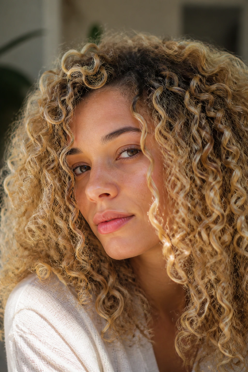 Close-up of a real person showing rich curl pattern and root depth