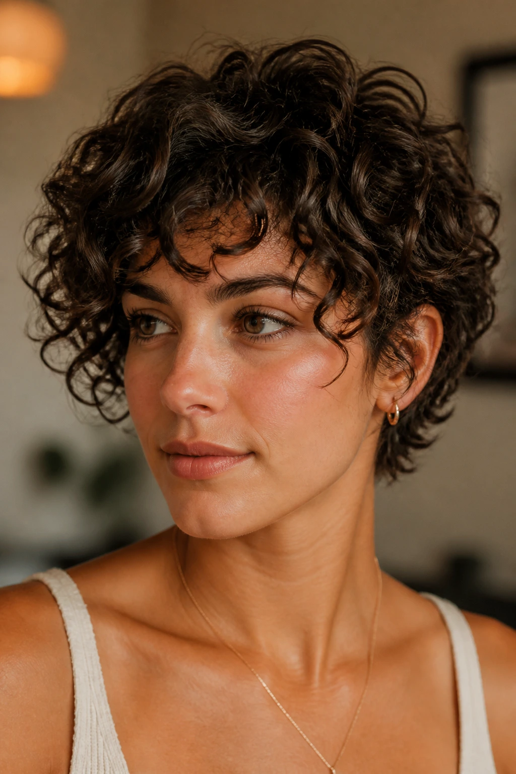 Close-up of a real person with short curly hair showing natural curl pattern