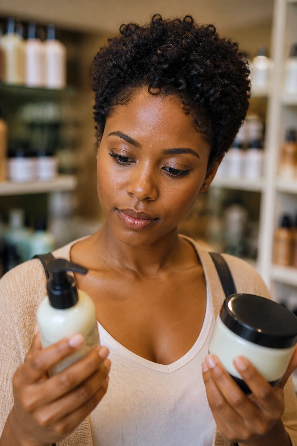Portrait of a woman evaluating curl products with short curls framing her face