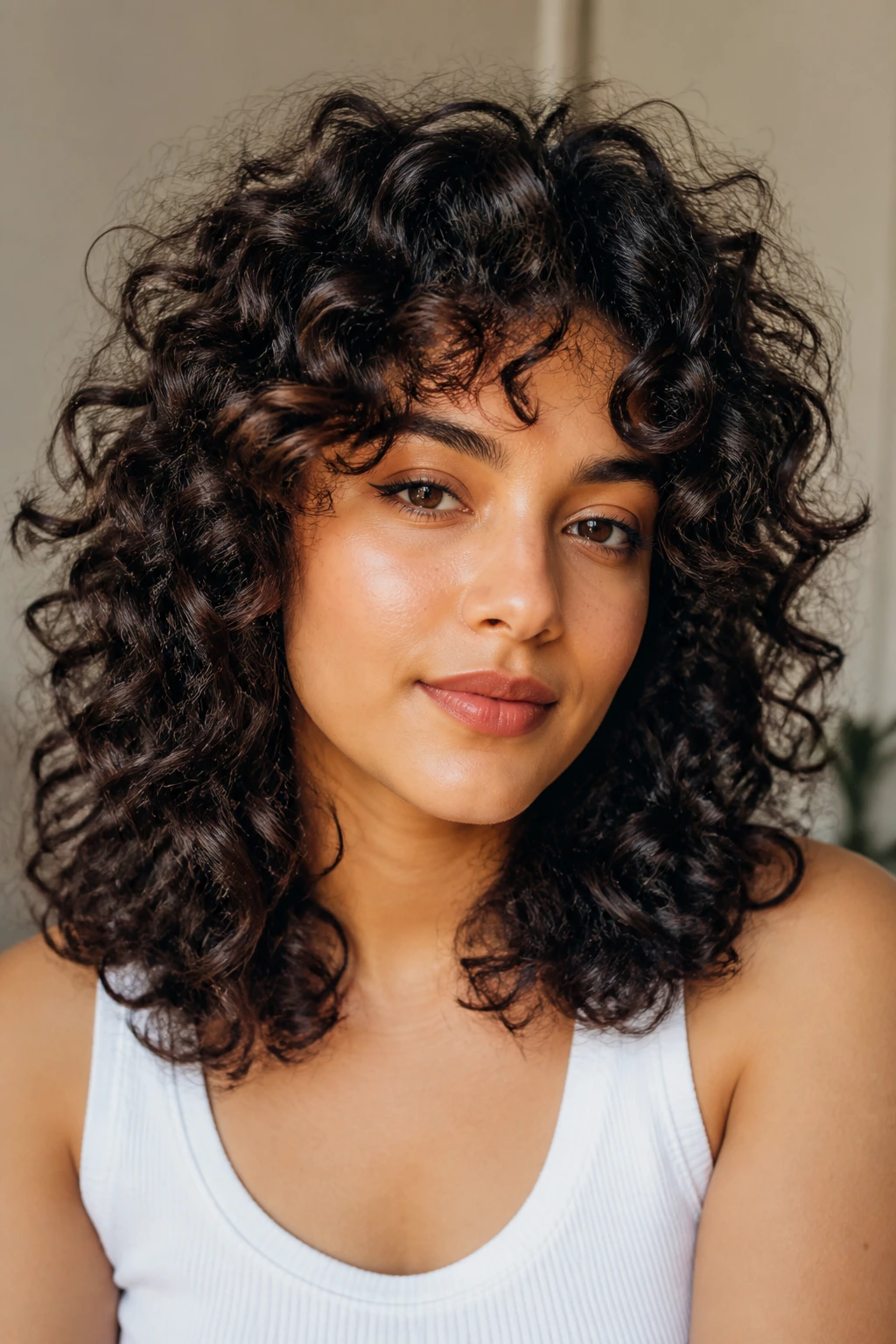 Portrait of a person with a curl-pattern-aware shag showing 2c-3c curls and crown layers.