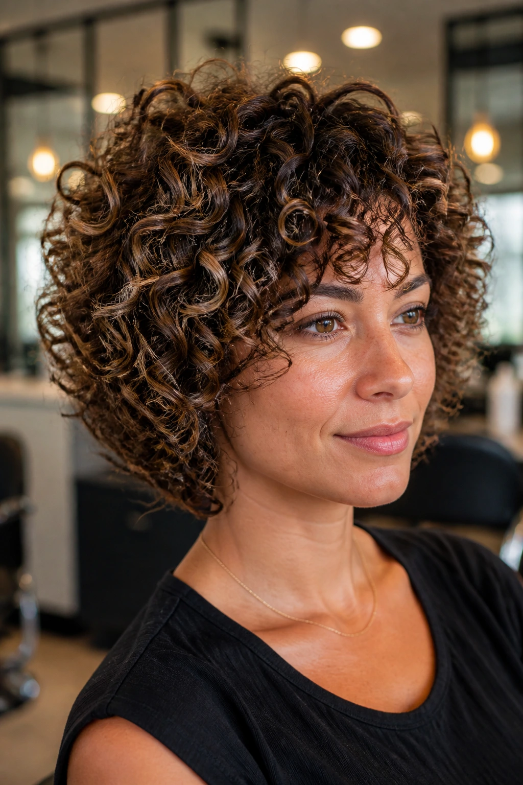 Real woman with defined curl pattern and tailored shape