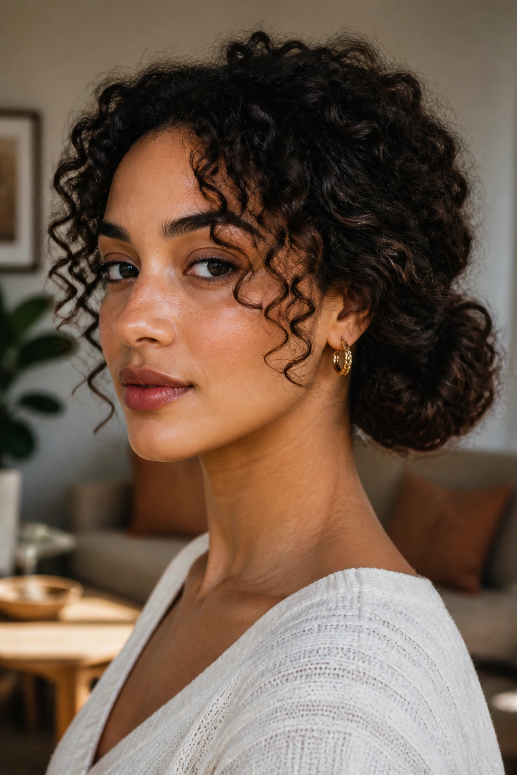 Close-up portrait of a woman with thick curls in a low textured bun