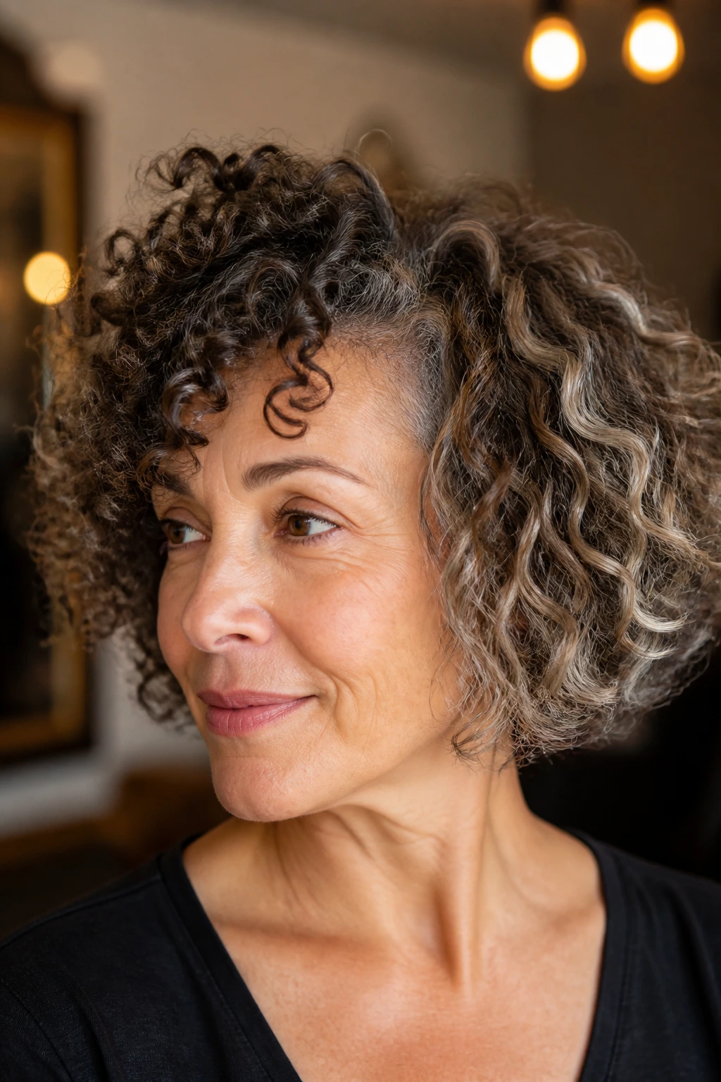Real person with curly bob showing multiple curl patterns.