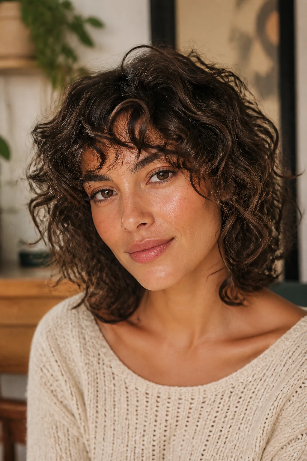 Portrait of a woman with bangs showing variation in curl patterns