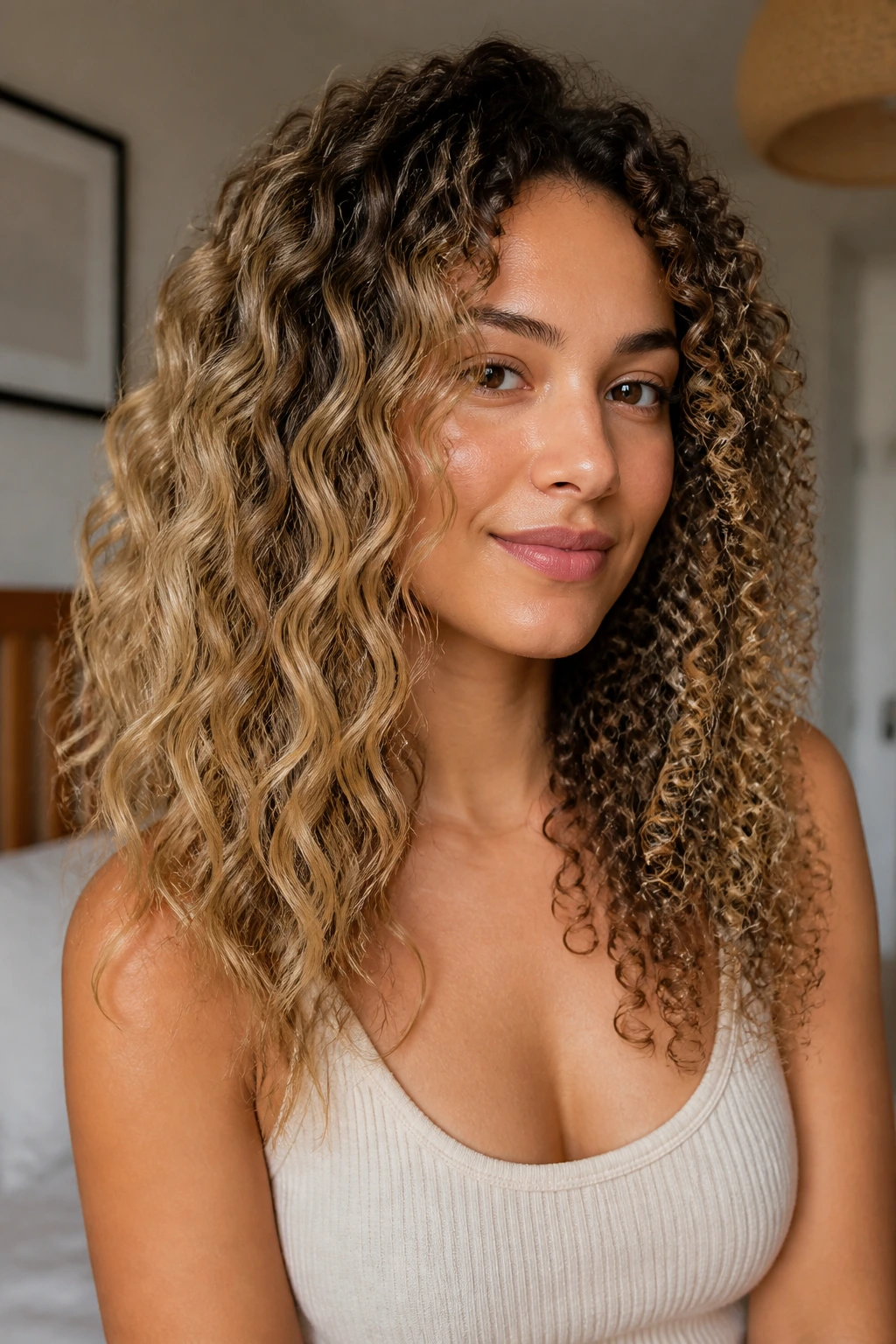 Portrait showing multiple curl patterns (waves, ringlets, coils) with subtle blonde highlights