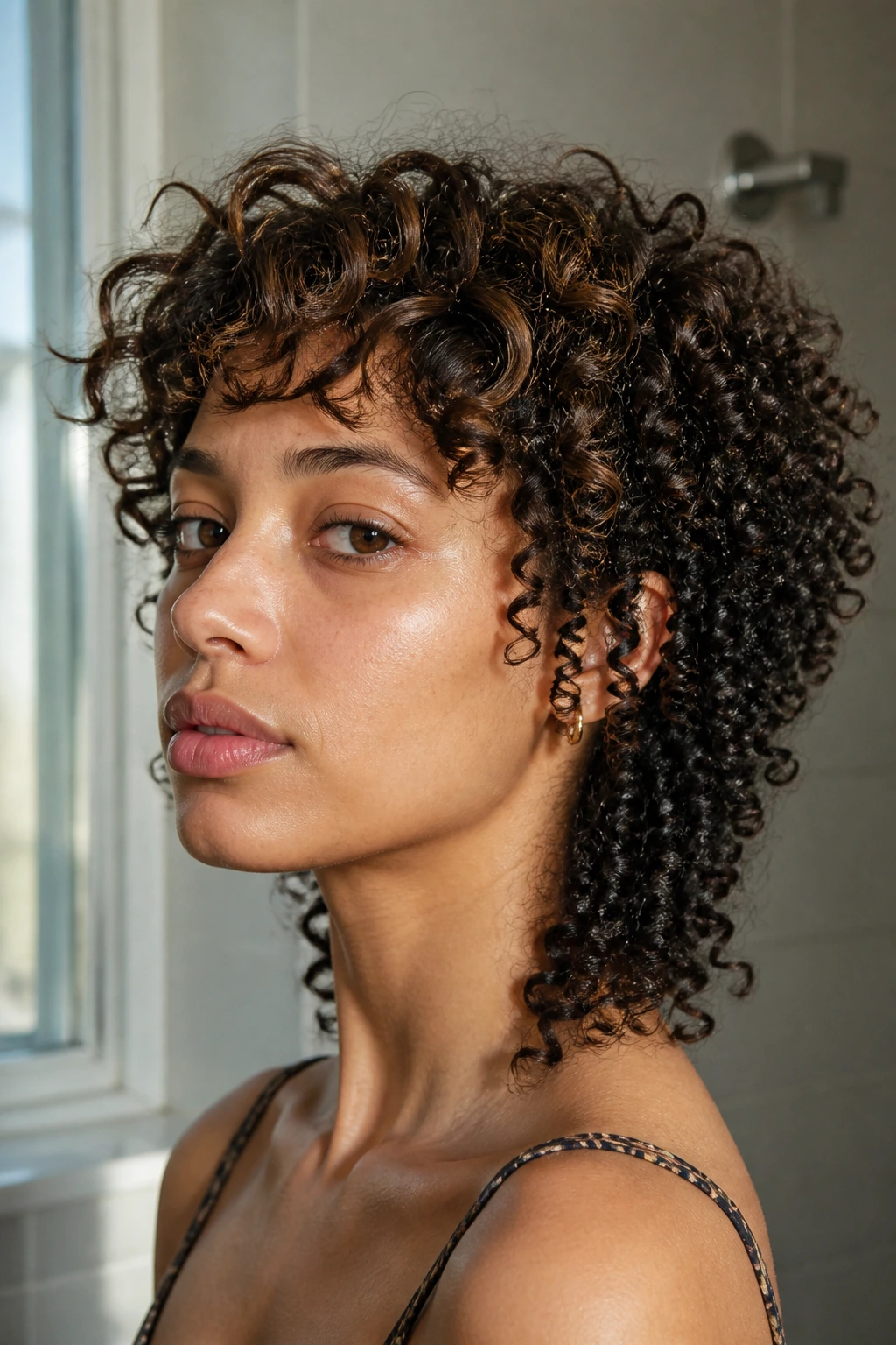 Close-up of a real person's curly hair showing multiple curl patterns from loose waves to tight coils