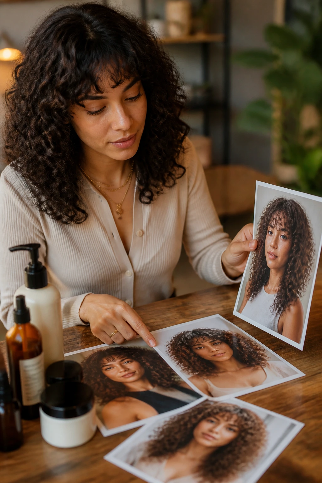 Person selecting curl-shape photos on a desk in a warm setting.
