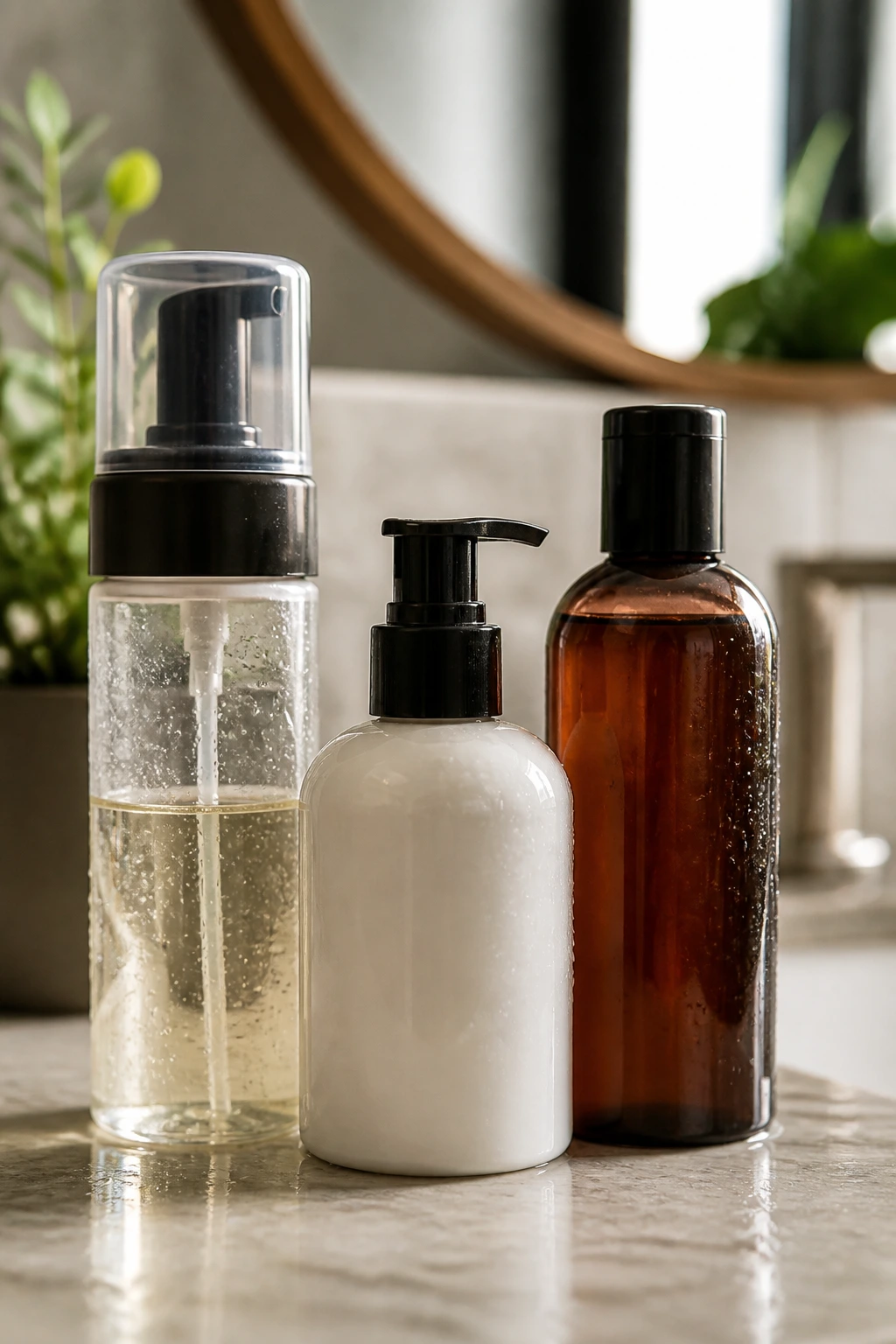 Three unlabeled hair product bottles on a bathroom counter