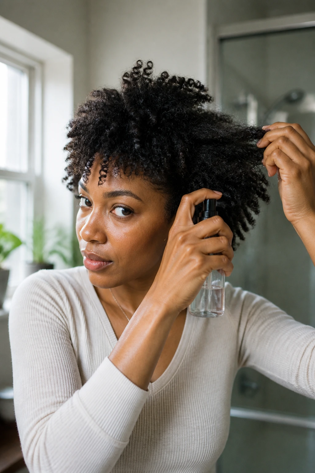 Person refreshing curls with a spray mist in a bathroom setting.