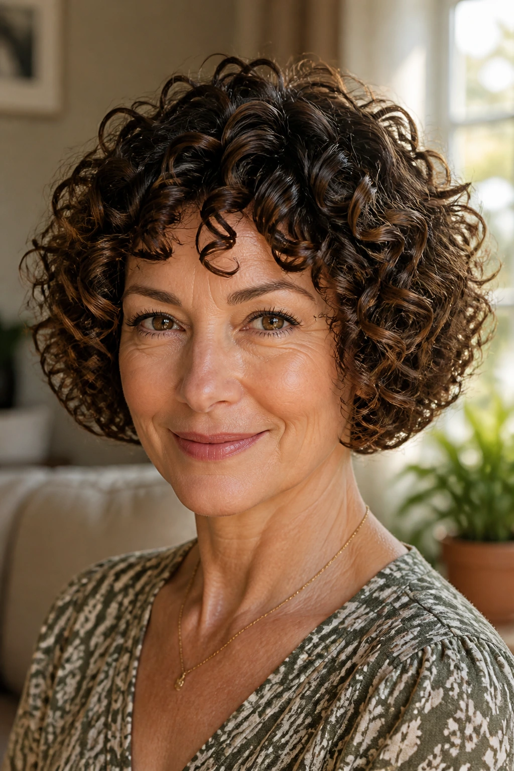 Close-up portrait of a real woman with a curl-respecting bob, chin-length curls in natural pattern