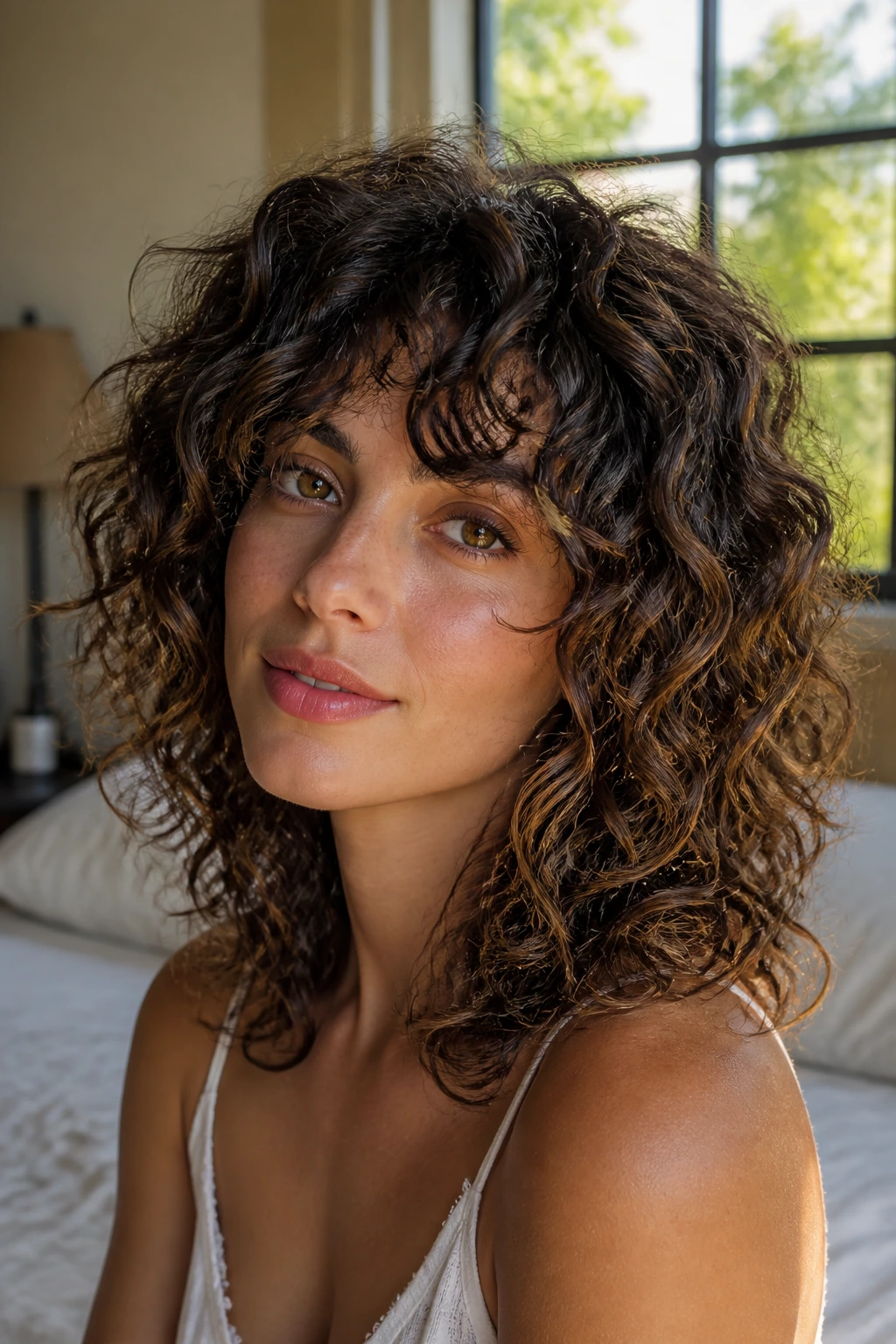 Close-up portrait of a real woman showing Curl-Ribbon Shag with ribbon-like curls in warm natural light