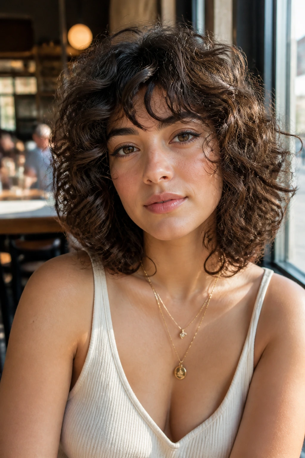 Close-up of a real woman with Square-Jaw Softener Shag soft layers framing the jaw in cafe light