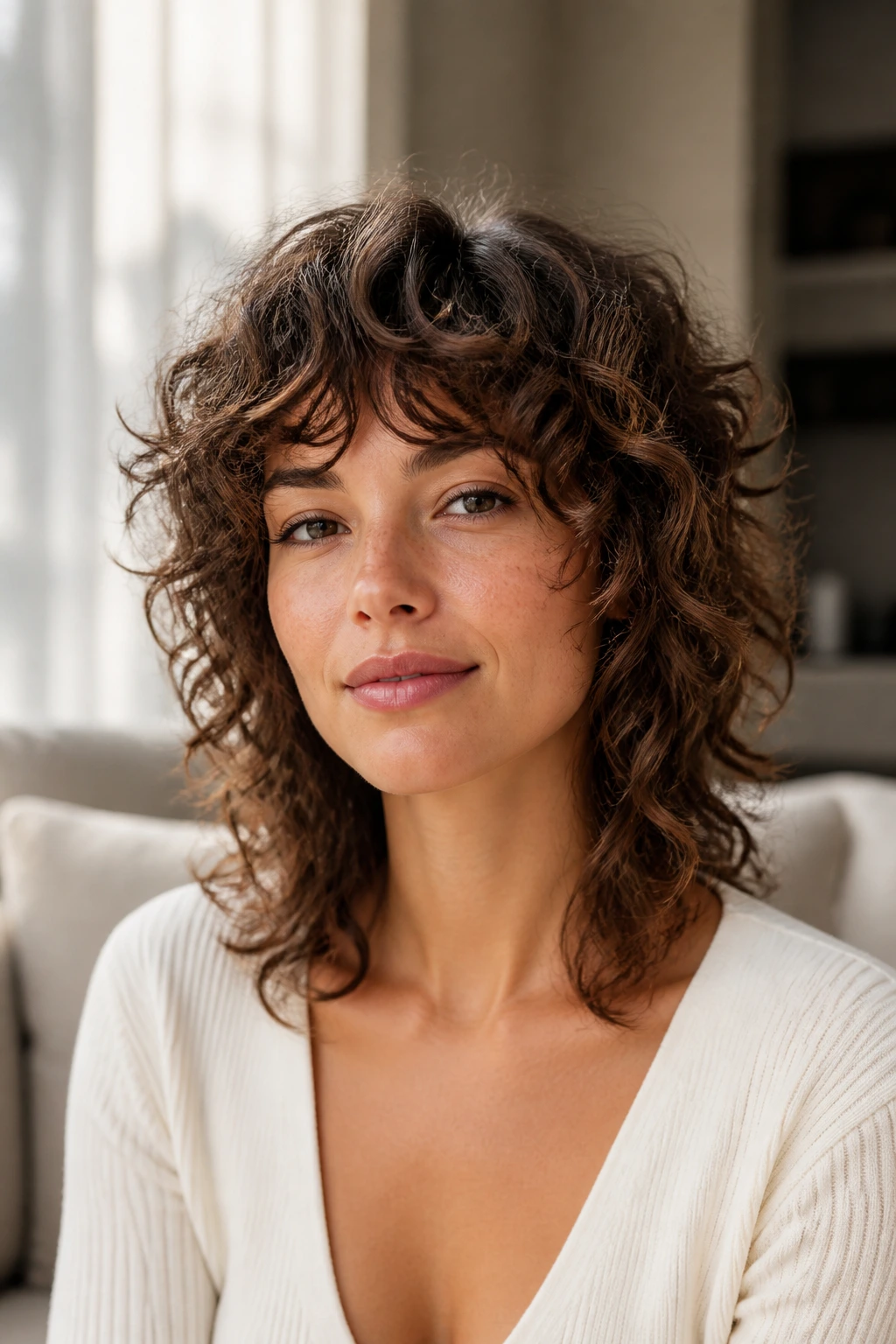 Close-up of a real woman with Oval-Balance Shag in calm daylight showing even layers