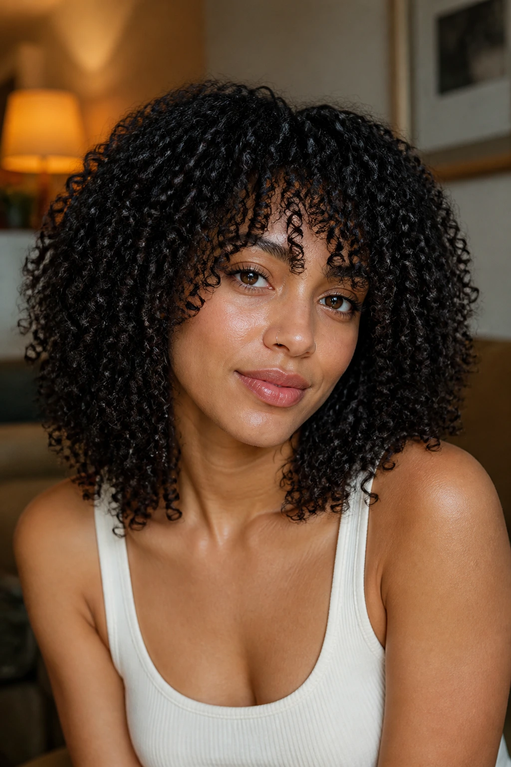 Close-up of a real woman with Coily Midi Shag showing mid-length coils