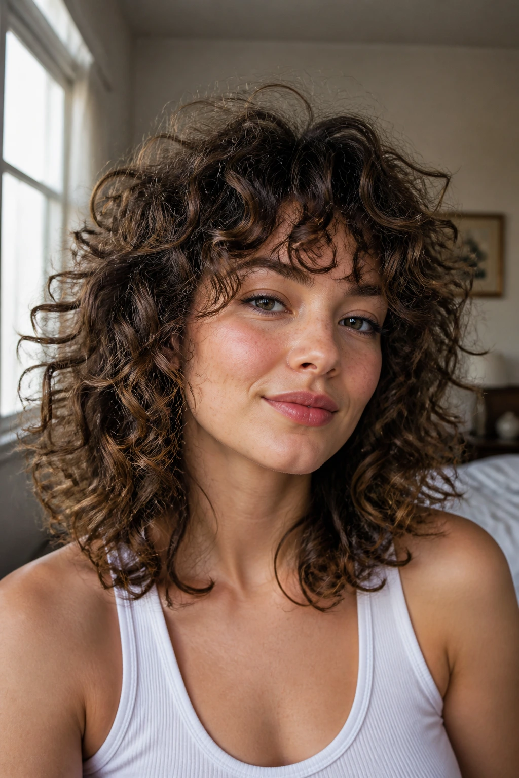 Close-up of a real woman with Loose-Spring Shag showing loose spring curls