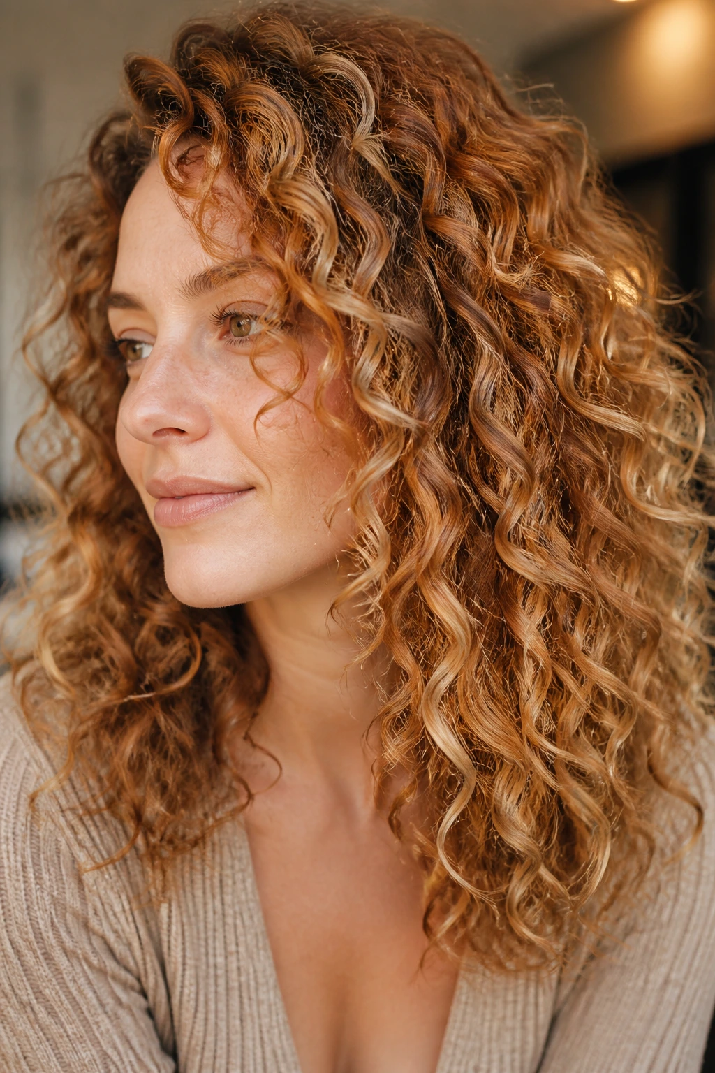 Portrait of a real woman with curly hair showing multi-tone shades such as copper and honey.