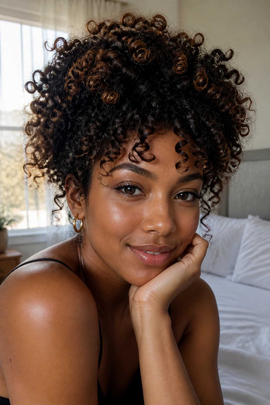 Close-up portrait of a woman with defined curls in soft bedroom light, shape emphasized.