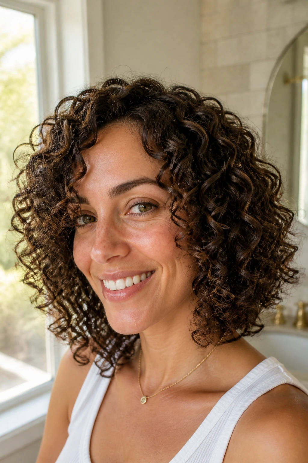 Close-up portrait of a real woman with curly hair shaped for curl pattern