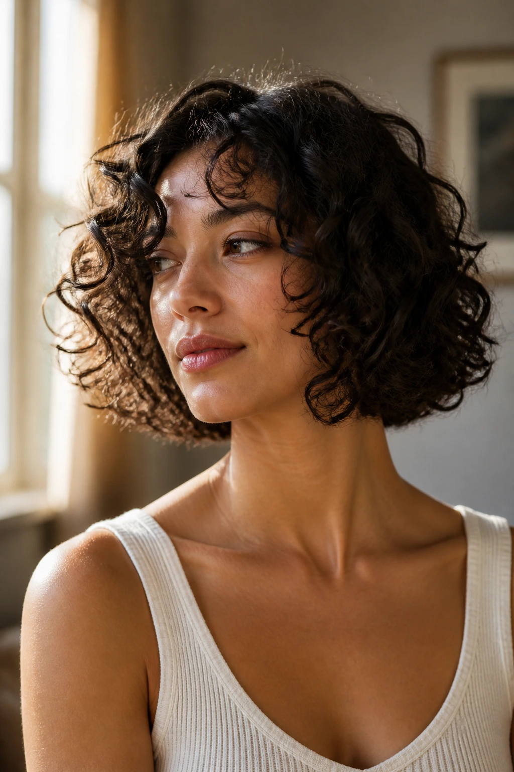 Close-up of a woman with a curly bob showing jawline-length dry shape