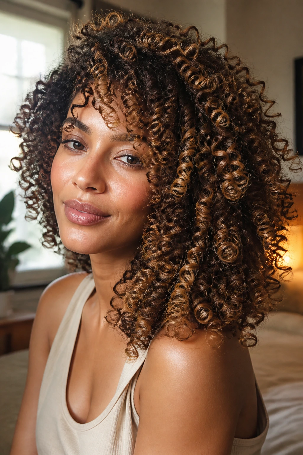 Close-up of a real person with curly hair styled to show defined curls and color ribbons
