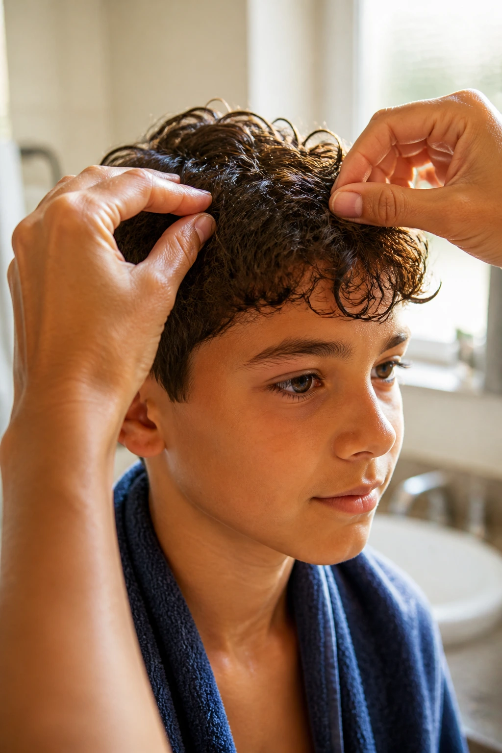 Mother styling a schoolboy's curls with fingers in a sunlit bathroom