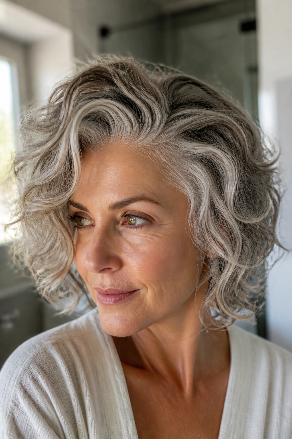 Close-up of a real woman with side-parted curls showing root lift